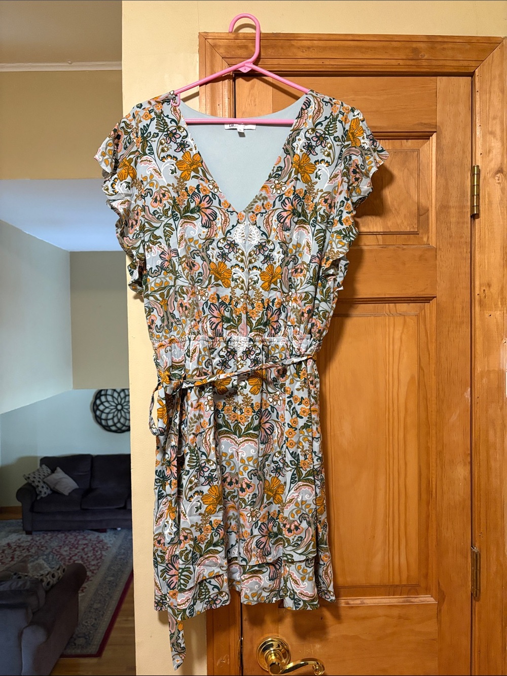 DR2 Floral V-Neck Mini Dress in Mustard, Green & Cream